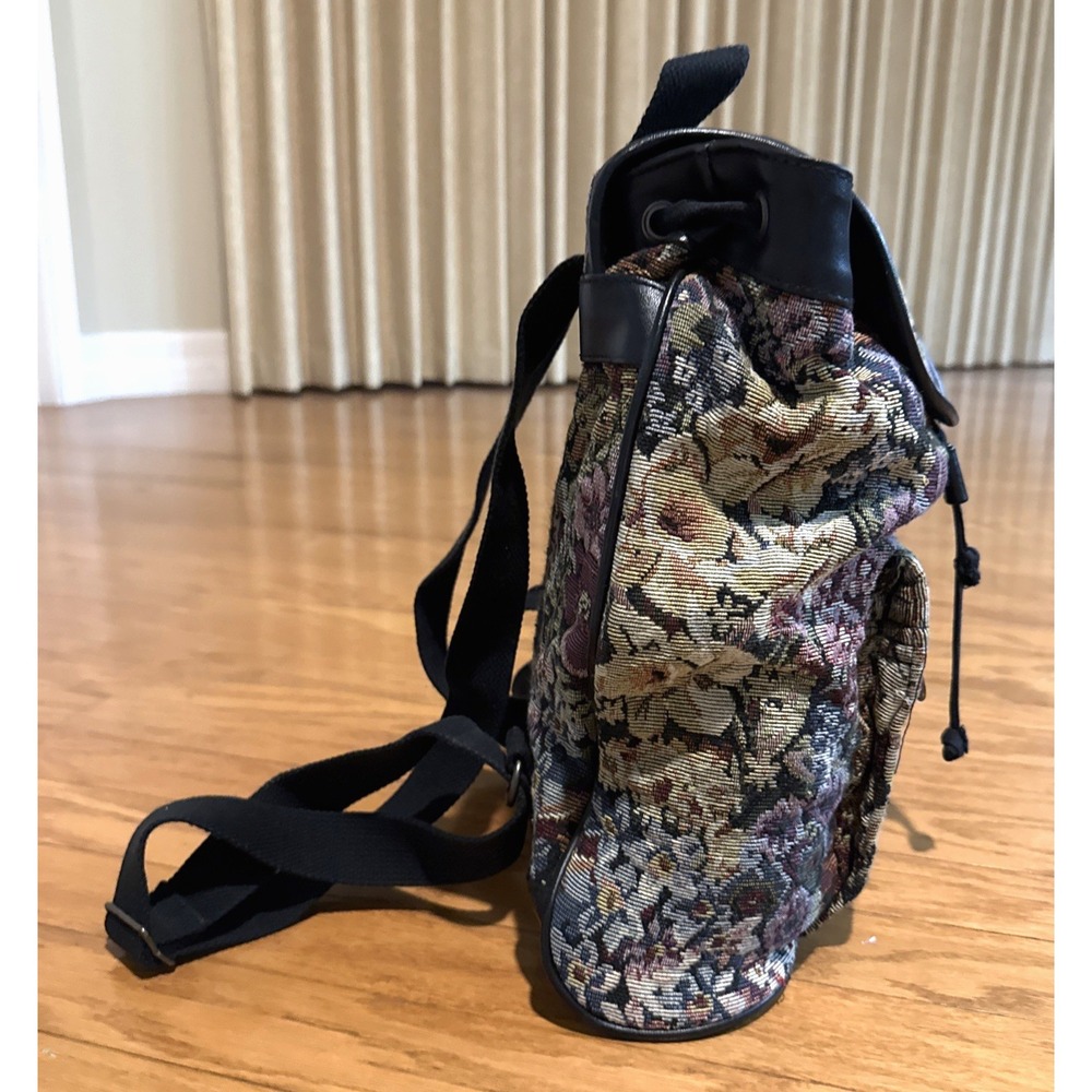 VTG 80s/90s New York Studios Floral Tapestry Backpack Black Leather Trim 10x12x5 - Picture 3 of 11